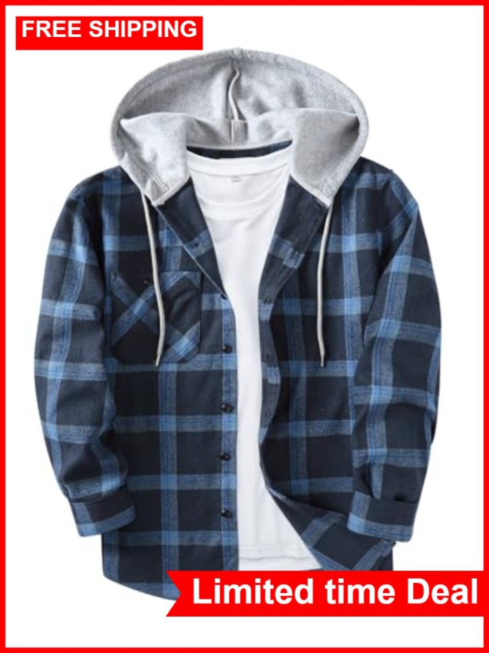Men's Flannel Button Down Shirt Hooded Plaid Long Sleeve Casual